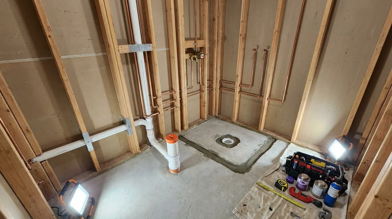 Bathroom rough-in plumbing during remodel by Johns Plumbing LLC in Northern Cambria