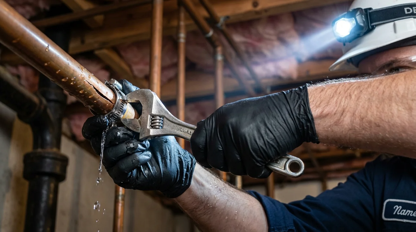 Emergency pipe clamp repair being performed by a Johns Plumbing LLC plumber in Northern Cambria