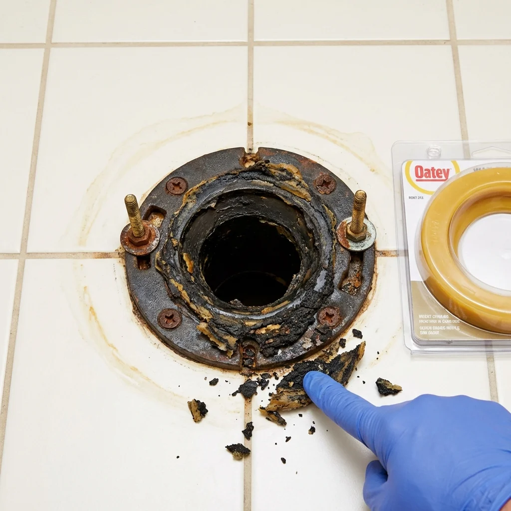 Failed wax ring showing water seepage at the base of a toilet in a Northern Cambria, PA home