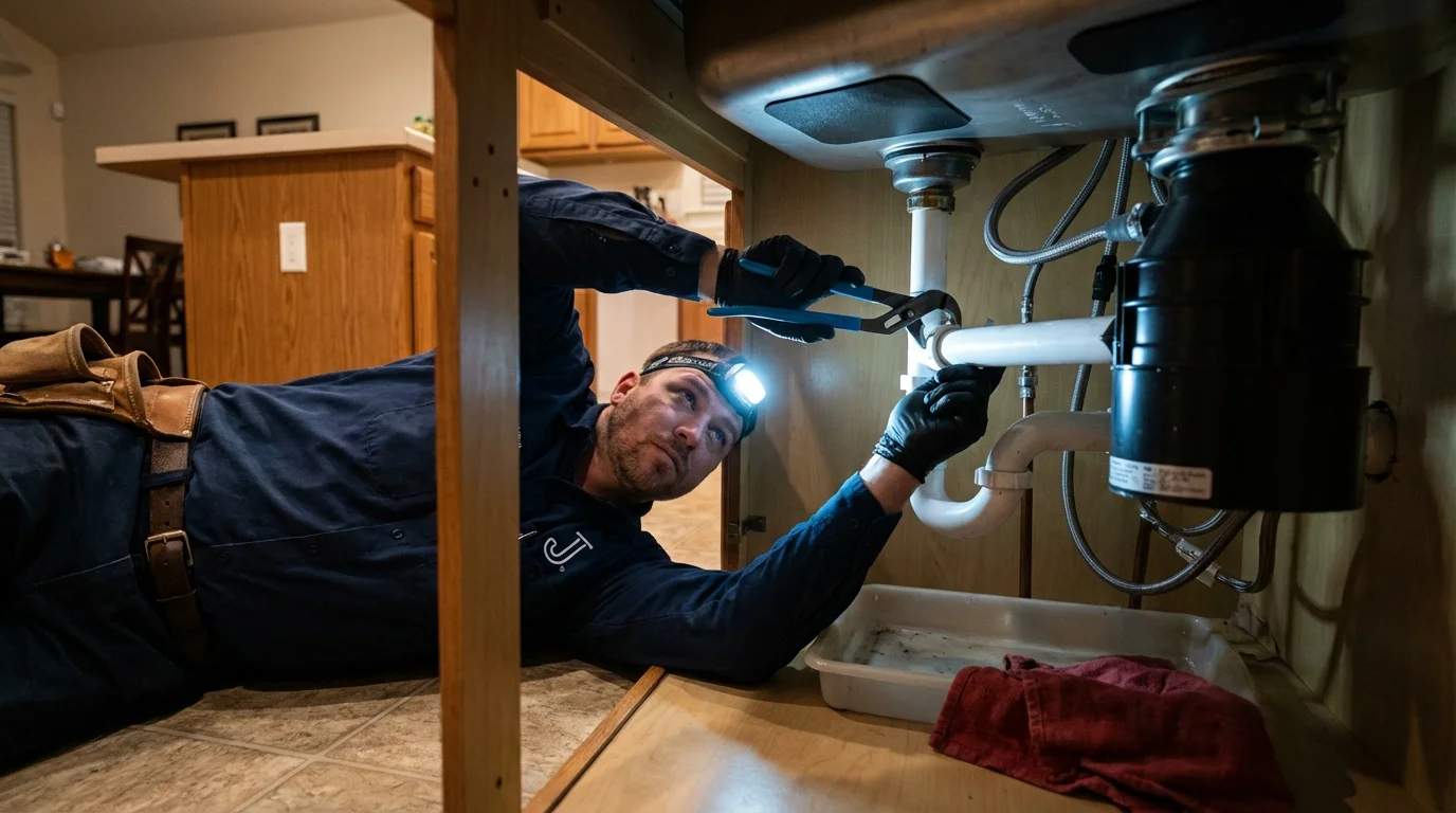 P-trap and supply line connections under a kitchen sink showing a common leak point in Northern Cambria, PA